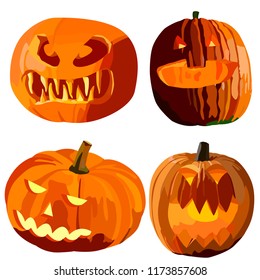 A set of differently shaped pumpkins for Halloween, orange and its shades. Vectorial image of a young girl with a yellow hair on a white background.