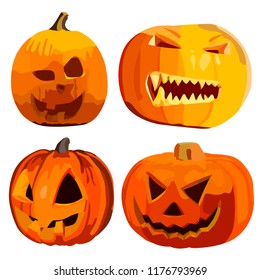 A set of differently shaped pumpkins for Halloween, orange and its shades. Vectorial image of a young girl with a yellow hair on a white background.