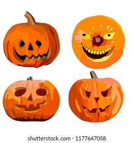 A set of differently shaped pumpkins for Halloween, orange and its shades. Vectorial image of a young girl with a yellow hair on a white background.