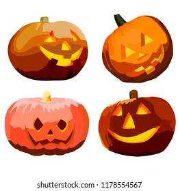 A set of differently shaped pumpkins for Halloween, orange and its shades. Vectorial image of a young girl with a yellow hair on a white background.