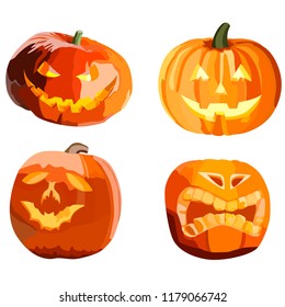 A set of differently shaped pumpkins for Halloween, orange and its shades. Vectorial image of a young girl with a yellow hair on a white background.