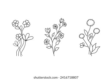 Set of differents flower linen on white background.Set of luxury flowers and logo. trendy tiny tattoo design, floral elements vector illustration.