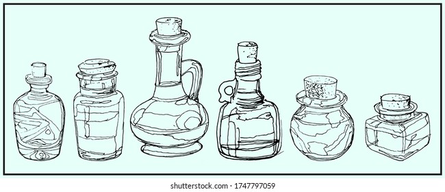 Set. differents glass containers on a blue background.