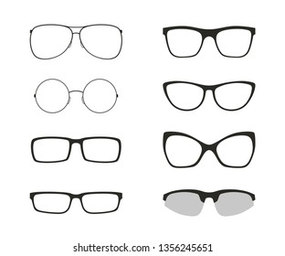 Set of differents glasses, isolated on white background. Black silhouettes of modern glasses