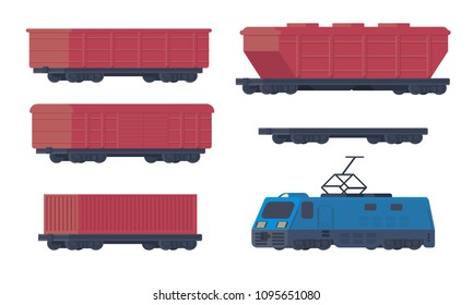 Set of differentt types railway cargo cars. Boxcar, hopper, open wagon and locomotive. Train constructor.