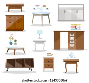 Set of differernt tables. Comfortable furniture nightstand, desk, office table, coffee table in modern design. Business office furniture and cozy home table on white background Flat cartoon vector