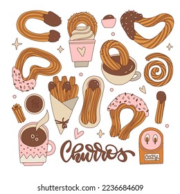 Set of differetn shapes churros with chocolate sauce. Mexican snack. Hand drawn vintage contour vector illustration. Churros sticks in paper bag, bowl with hot chocolate.