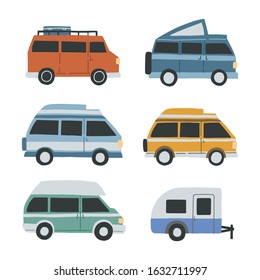 Set of differnet campervans isolated on white background. HAnd drawn flat vector illustration for banner, advertisment.