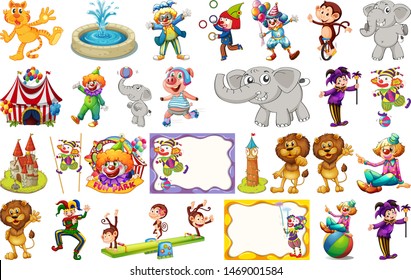 Set of differnt circus objects and animals illustration