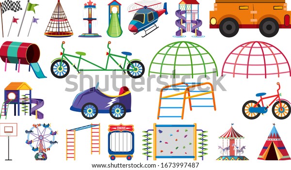 Set of differnt play station at the\
playground on white background\
illustration