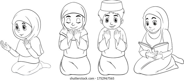 Set of differnt praying position arab muslim girl in traditional clothing outline illustration