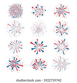 Set of differnt red andblue fireworks silhouettes isolated on white background