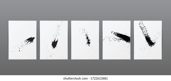 Set of differrent ink blots and splash silhouettes isolatedon white background. Design grey elements for grunge wallpaper