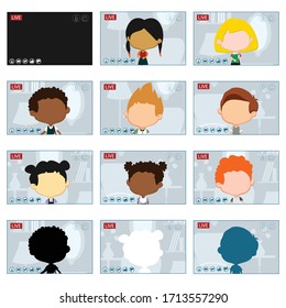 Set of differrent screens with live stream video. Abstract people silhouettes on media player background