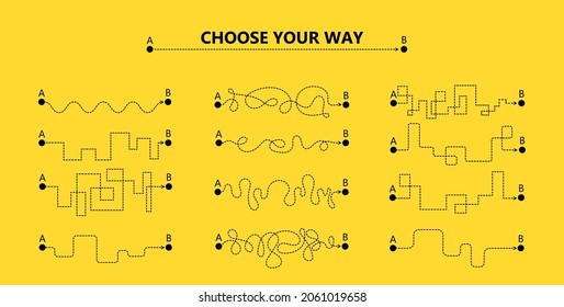 Set of difficult and easy simple way process from start to end. Vector card illustration with path to success outline art concept. Right and wrong way with messy line. The road from point a to point b