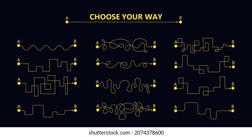 Set of difficult and easy simple way process from start to end. Vector card illustration with path to success outline art concept. Right and wrong way with messy line. The road from point a to point b