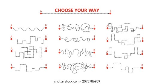 Conjunto de procesos de manera difícil y sencilla de principio a fin. Ilustración de tarjeta vectorial con el concepto de arte de contorno de éxito. De manera correcta y errónea con una línea desordenada. La carretera desde el punto a al punto b