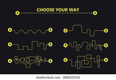 Set of difficult and easy simple way process from start to end. Vector card illustration with path to success outline art concept. Right and wrong way with messy line. The road from point a to point b