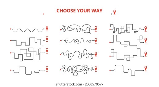 Set Of Difficult And Easy Simple Way Process From Start To End. Vector Card Illustration With Path To Success Outline Art Concept. Right And Wrong Way With Messy Line. The Road From Point A To Point B