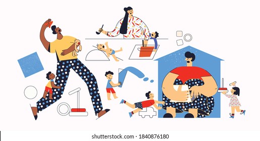 Set of difficult and frustrated illustration parenthood. Diverse people, big family. Noisy and moody children and tired parents. Collection of flat vector character isolated on white background