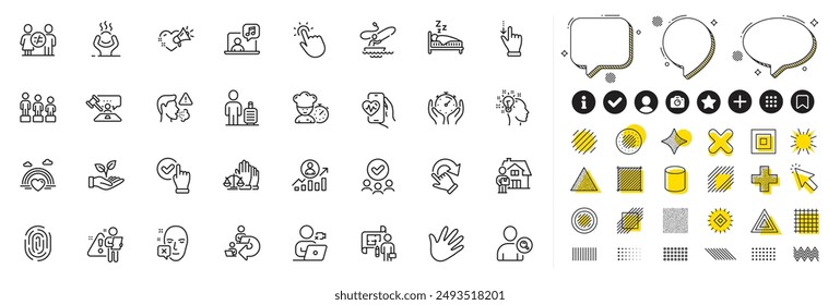 Set of Difficult stress, Timer and Sleep line icons for web app. Design elements, Social media icons. Love message, Video conference, Hand icons. Touchpoint, Helping hand, Face declined signs. Vector