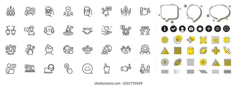 Set of Difficult stress, Yoga and Handshake line icons for web app. Design elements, Social media icons. Medical help, Consult, Team work icons. Vector