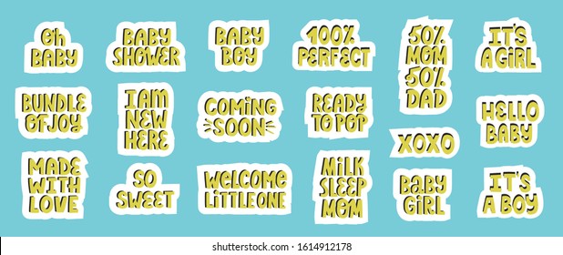 Set of diffrenet newborn and pregnant quotes isolated on background. Hand drawn vector lettering for apparel, stickers and textile design.