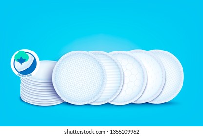 Set of diffrent cotton layers for cotton pads and disks, nursing pad and sanitary napkin. Hypoallergenic and absorption soft liners, 3d realistic vector illustration on blue background.