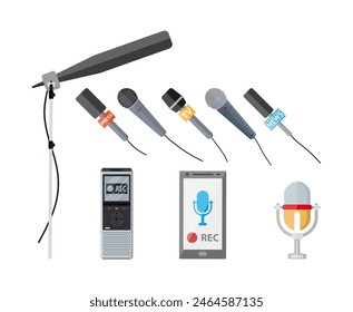 Set of diffrent modern recording devices. TV news microphones, voice recorder, studio microphone, mobile phone with recorder application. vector illustration in flat style on white background