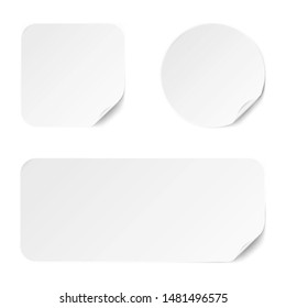 Set of diffrent paper adhesive stickers with realistic textures isolated on white background. Blank templates for any purpose. Vector illustration. 