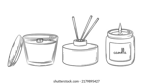 A set of diffuser and wax candles with a wick in a glass holder with a wooden lid. Sketch in doodle style. Air freshener and candles in a jar drawn in a sketch style. Isolated vector illustration.