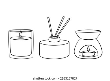 A set of diffuser and wax candles with a wick in a glass holder. Sketch in doodle style. Air freshener and candles in a jar drawn in a sketch style. Isolated vector illustration.	