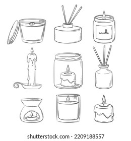 A set of diffuser and wax candles with a wick in a glass holder with a wooden lid. Sketch in doodle style. Air freshener and candles in a jar drawn in a sketch style. Isolated vector illustration.