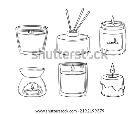 A set of diffuser and wax candles with a wick in a glass holder with a wooden lid. Sketch in doodle style. Air freshener and candles in a jar drawn in a sketch style. Isolated vector illustration.