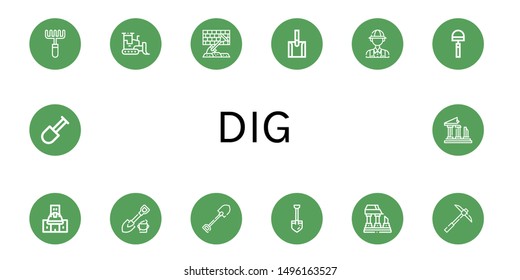 Set of dig icons such as Rake, Bulldozer, Shovel, Archaeologist, Hoe, Under construction, Ruined, Pickaxe, Ruins , dig