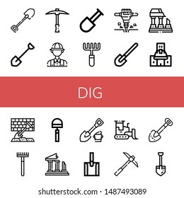 Set of dig icons such as Shovel, Pickaxe, Archaeologist, Rake, Jackhammer, Ruined, Under construction, Hoe, Ruins, Bulldozer , dig