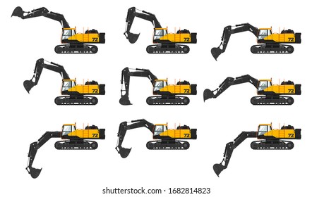 Set of digger hydraulic excavator with different dipper position isolated on white background, vector illustration