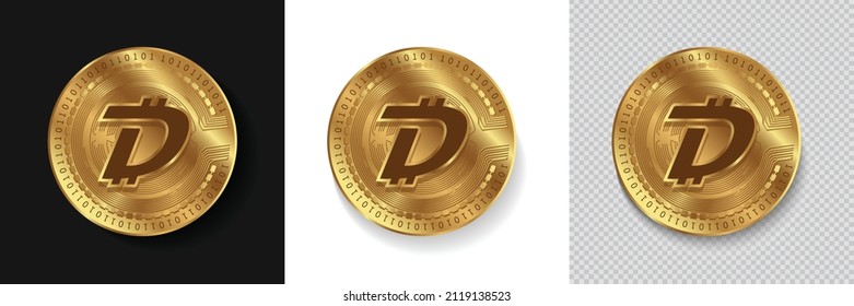 Set of DigiByte DGB crypto currency logo symbol vector isolated on white, dark and transparent background. Can be used as golden coin sticker, icon, label, badge, print design and emblem