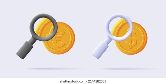 Set of digital 3d icons of a magnifying glass with golden money euro and dollar coin