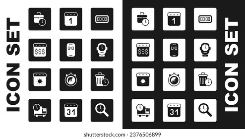Set Digital alarm clock, Alarm app mobile, Payday, calendar with dollar, Work time, Clock, Calendar, Waste of and summer icon. Vector
