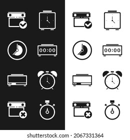 Ajuste el reloj de alarma digital, reloj, calendario con marca de verificación, alarma, reloj de parada e icono de eliminación de fecha. Vector