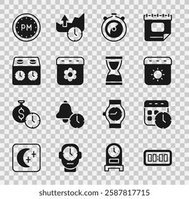 Set Digital alarm clock, Calendar and, summer, Stopwatch, spring, Time chess, Day time and Old hourglass icon. Vector