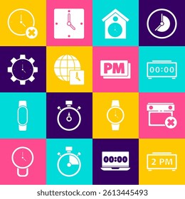 Set Digital alarm clock, Calendar date delete, Retro wall watch, World time, Time Management, Clock and PM icon. Vector