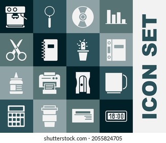 Set Digital alarm clock, Coffee cup, Office folders, CD or DVD disk, Spiral notebook, Scissors, machine and Cactus and succulent pot icon. Vector