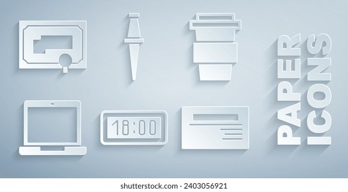 Set Digital alarm clock, Coffee cup to go, Laptop, Business card, Push pin and Certificate template icon. Vector