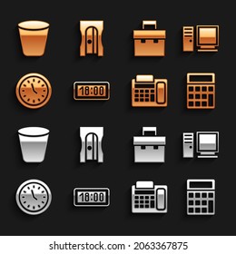 Set Digital alarm clock, Computer monitor, Calculator, Telephone, Clock, Briefcase, Trash can and Pencil sharpener icon. Vector