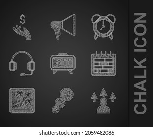 Set Digital alarm clock, Financial growth and dollar, Front end development, Calendar, increase, Headphones, Alarm and Hand holding coin money icon. Vector