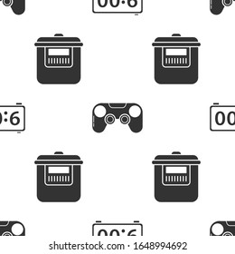 Set Digital alarm clock , Gamepad  and Slow cooker  on seamless pattern. Vector