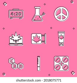 Set Digital alarm clock, Glass bong for smoking cannabis, Peace, Laptop and marijuana, Marijuana store, Medical cream with, Cannabis molecule and joint icon. Vector