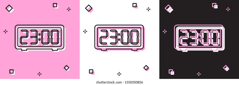 Set Digital alarm clock icon isolated on pink and white, black background. Electronic watch alarm clock. Time icon.  Vector Illustration